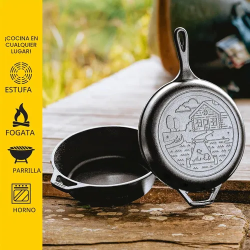 Vista 4 de Lodge Wanderlust Cabin - Cocina combinada de hierro fundido, juego de horno holandés y sartén de 2 piezas, tapa convertible para una cocina versátil