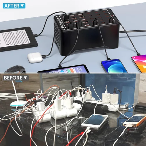 Vista 3 de Estación de carga USB C para múltiples dispositivos, bloque de cargador de 150 W y 30 puertos para teléfono celular iPad, múltiples regletas