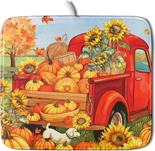 Vista 37 de Tapete de Secado de Platos de Florero de Girasoles Otoñales para Encimera de Cocina, Tapete de Secado de Hojas de Arce y Calabaza Otoñal de 16 x 18