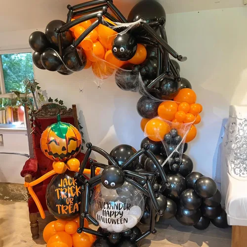 Vista 6 de Kit de Guirnalda de Arco de Globos de Halloween, 126 Piezas, Globos Negros y Naranjas con Globos de Calabaza BOO, Murciélagos de Aluminio, Globos