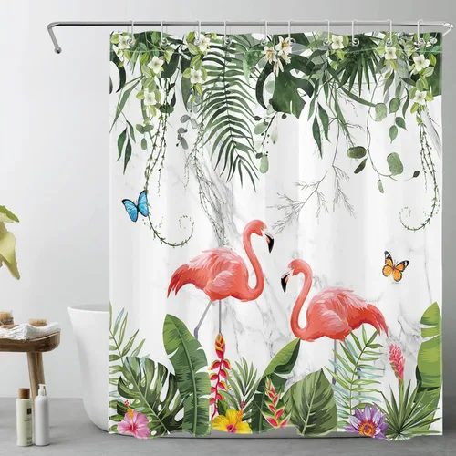 Vista 7 de EOBTAIN Cortina de ducha de hojas de plantas tropicales para baño, flamenco rosa y mariposa azul con hojas de palma en beige, cortina de ducha con 8