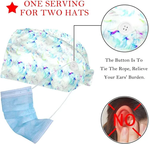 Vista 2 de Unreal Watercolor Marble 2 Pack Adjustable Working Cap with Buttons Elastic Bouffant Hats Head Scarf with Sweatband for Women Men Multicoloured