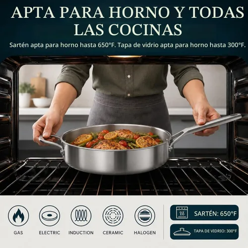Vista 4 de Yeksum Sartén de acero inoxidable de tres capas, 7 cuartos de galón, sartén de 12 pulgadas de profundidad con tapas, sartén grande de 3 capas