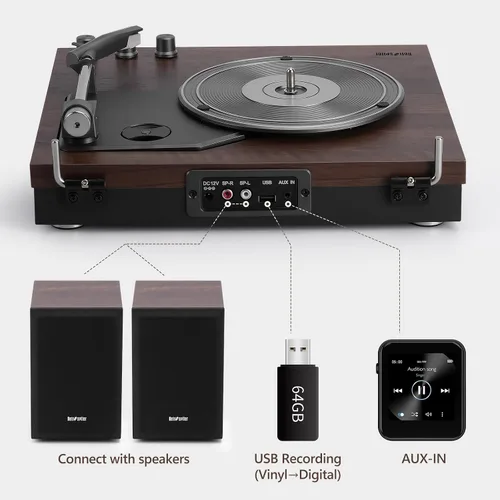 Vista 4 de Tocadiscos, tocadiscos de 3 velocidades con dos altavoces externos de 15 W, entrada Bluetooth, entrada auxiliar, reproducción USB y grabación