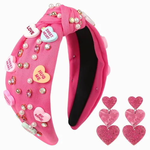 Vista 19 de Diademas de corazón de caramelo para el día de San Valentín para mujer, diadema de corazón de conversación de amor con diamantes de imitación