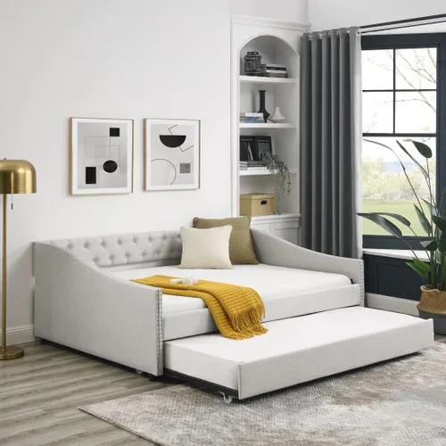 Vista 12 de Sofá cama tapizado de tamaño matrimonial con 2 cajones de almacenamiento, sofá cama con botones y brazos para uñas, color beige Completamente beige