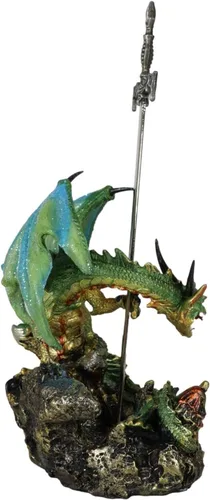 Vista 4 de Ebros Gift Legendario brillante verde metálico blindado centinela caballero dragón sosteniendo Tiki Murciélago espada abrecartas figura figura