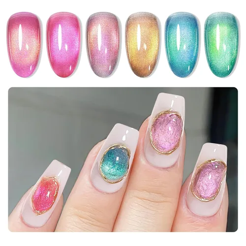 Vista 21 de MIZHSE Quick Dry Cat Eye Gel Nail Polish Set 4 Colors Long Lasting Silver Magnetic & Jelly Sheer Shades with Magnet Stick, High Shine Soak Off UV