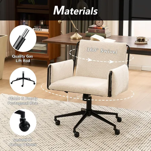 Vista 5 de Rowill Silla de oficina moderna, tela beige Boucle, altura ajustable, capacidad de 300 libras, ruedas, reposabrazos, perfecta para oficina en casa