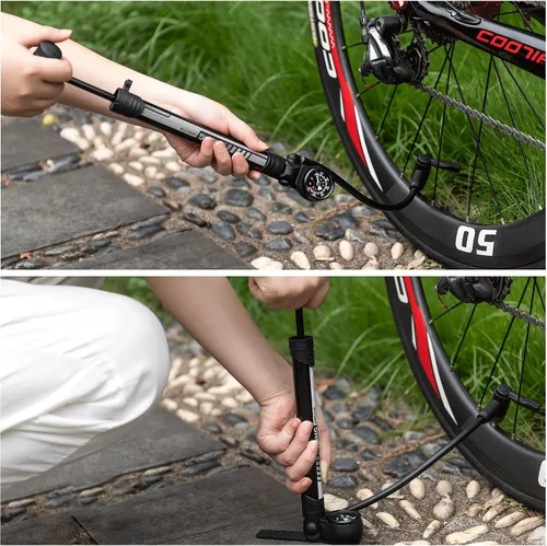 Vista 2 de Bomba de bicicleta con medidor PSI, bomba portátil para neumáticos de bicicleta, bomba de aire de bicicleta de 120 PSI para válvulas Presta y Gris