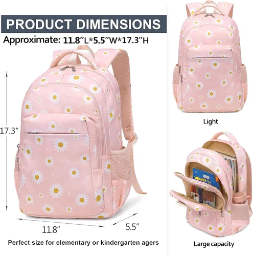 Vista 6 de LEDAOU Mochila escolar para adolescentes, niños y niñas, mochila escolar, mochila de viaje, casual, Margarita Blanca Rosa, Moderno