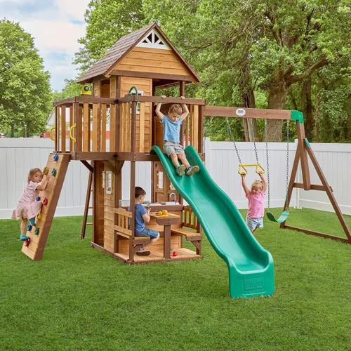 Vista 12 de Conjunto de columpios Backyard Discovery Canyon Creek de madera de cedro con tobogán de ola, casa de juegos, cocina de juego, área de picnic