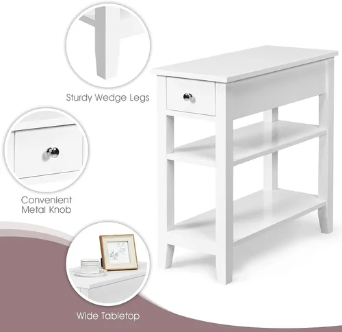 Vista 4 de KOTEK Mesa auxiliar con cajón y estante de almacenamiento abierto, mesa auxiliar estrecha, mesita de noche delgada, mesita de noche de 3 niveles