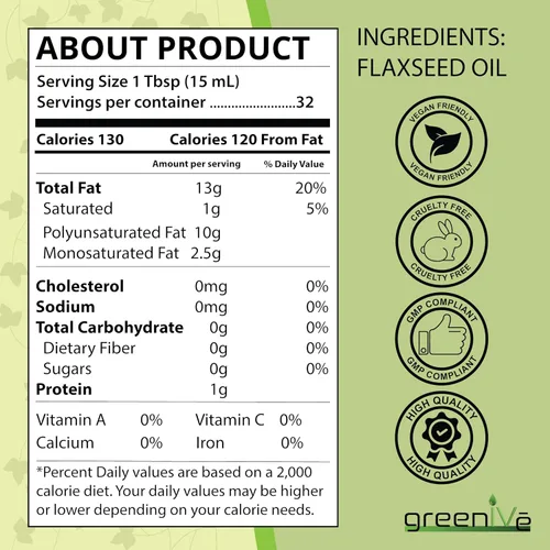 Vista 8 de GreenIVe Aceite de semilla de lino 100% puro prensado en frío, cultivado en Estados Unidos, alto contenido vegano de ácidos grasos Omega 3 6 9