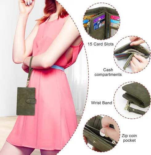 Vista 2 de Billeteras con bloqueo RFID para mujer, de gran capacidad, de cuero suave, cartera pequeña con correa para la muñeca, Verde oliva, Casual