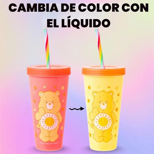 Vista 10 de Silver Buffalo Care Bears Corazones y Estrellas Juego de 4 Vasos de Plástico Cambian de Color con Popotes de Espiral Arcoíris con Tenderheart
