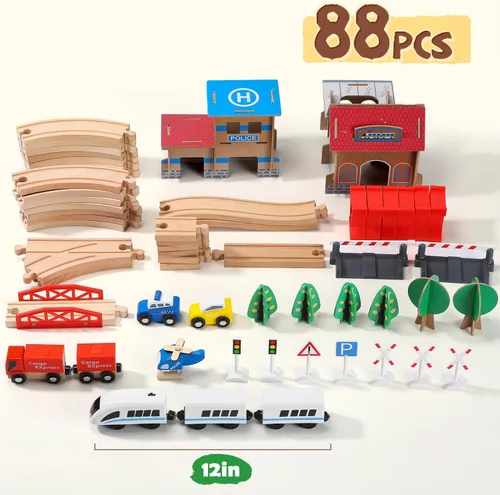 Vista 7 de Juego de tren eléctrico de madera para niños pequeños, 88 piezas de juguetes de vías de tren para 3, 4, 5 años, gran regalo de Navidad para niños