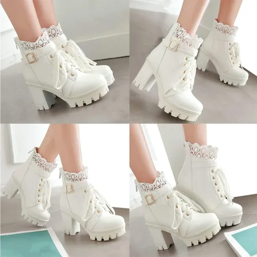 Vista 6 de BEAUPAS Botas de tacón alto con plataforma gruesa para mujer, botines góticos con cordones, tacón de bloque y hebilla, Blanco