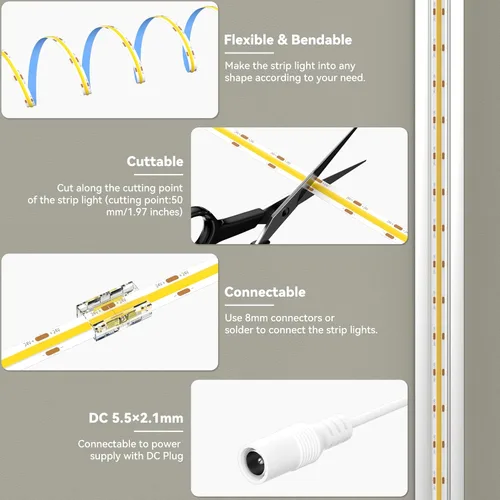 Vista 6 de MIWISE Tira de luz LED COB 20 pies/6.1m, CRI 90+ Luz blanca cálida 2700K Alta luminosidad súper brillante Flexible DC24V Tira de luz LED