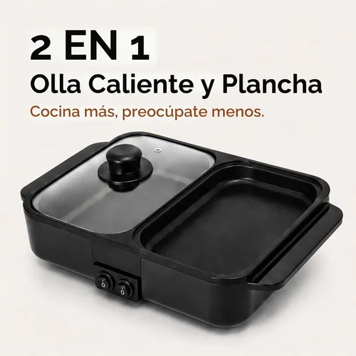 Vista 2 de Parrilla de olla caliente 2 en 1 Shabu Shabu eléctrica olla y plancha de doble temperatura, color negro