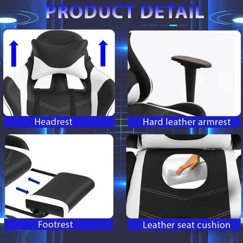 Vista 5 de Silla de juegos con reposapiés y soporte lumbar de masaje, silla reclinable de altura ajustable con respaldo alto para adultos, giratoria 360