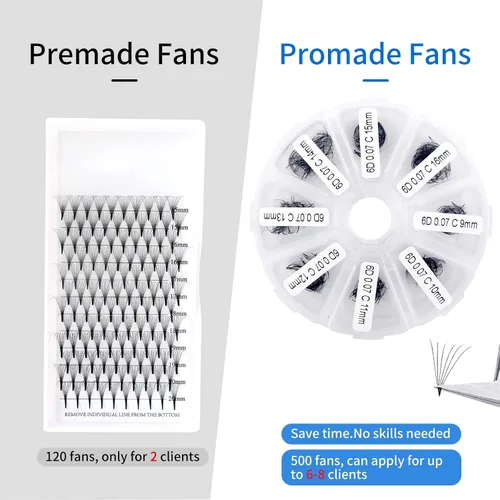 Vista 46 de Extensiones de pestañas de 1200 fans, prefabricadas, con volumen, 9-20mm, bandeja mixta, 20D, con punta en C, base puntiaguda, extensiones