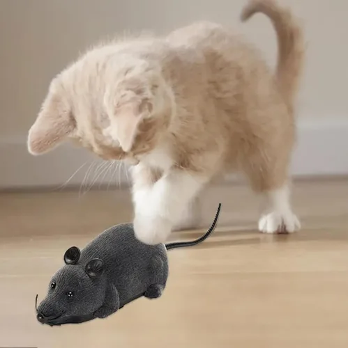 Vista 2 de Juguete de rata falsa con control remoto – Juguete realista de ratón, juguete RC para perseguir broma, broma, ratas aterradoras para gato, juguete