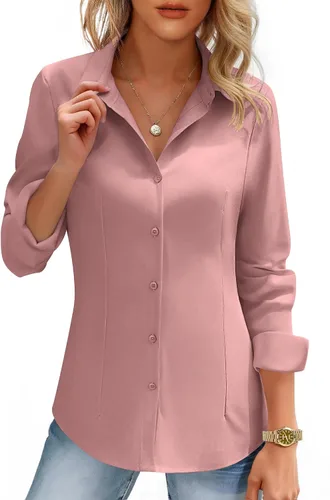 Vista 9 de HOTOUCH Camisas de mujer con botones de manga larga, camisa de vestir ajustada, blusas de trabajo, cuello, elegantes, casuales, de negocios
