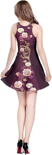 Vista 2 de CowCow Vestidos casuales para mujer, diseño de dragón chino vintage, flores, patrón japonés, mini vestido skater, XS-5XL, Turquesa