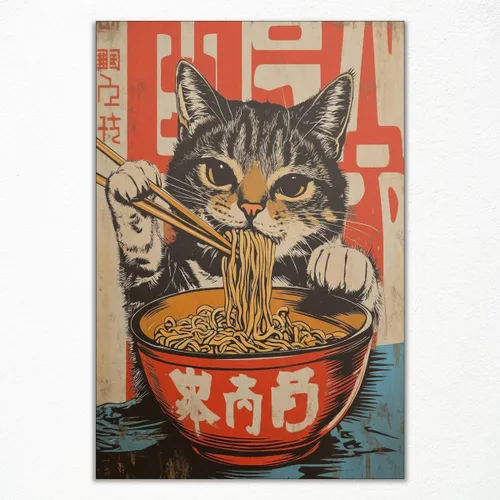 Vista 15 de Arte de pared vintage de gato japonés en lona, póster de gato negro peculiar comiendo ramen, impresión de arte retro de animales divertidos