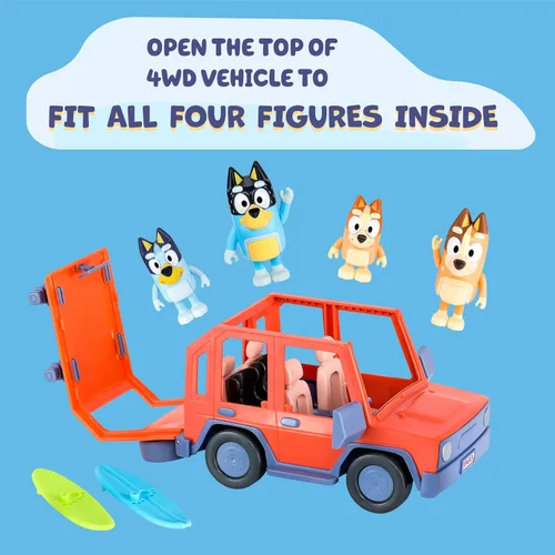Vista 4 de Bluey Heeler - Coche de juguete familiar 4WD para niños pequeños con 4 figuras, tablas de surf y hoja de calcomanías, juego de simulación, juguetes