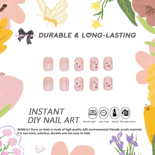 Vista 2 de Uñas postizas cortas cuadradas MABKJLF, uñas francesas falsas con gradiente, uñas de cobertura completa, flores blancas, uñas falsas con diseños
