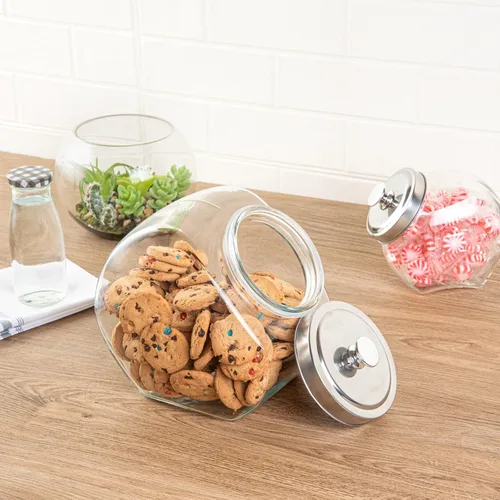 Vista 7 de Restaurantware Vetri Tarro de Centavos de 1 Galón 1 Tarro de Dulces Duradero - Con Tapa Cromada de Boquilla Ancha Tarros de Galletas de Vidrio