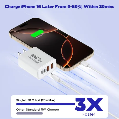 Vista 2 de 2 unidades de cable trenzado iPhone 17/16/15 Pro Max USB C a C, cargador Apple tipo C de 40 W PD de 4 puertos con enchufe de pared y cable trenzado