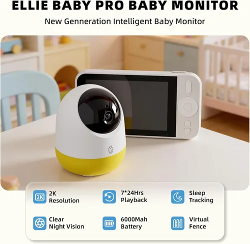 Vista 2 de Ellie Pro - Monitor de bebé con cámara y audio, resolución IPS 2K UHD de 5 pulgadas, batería de 6000 mAh, zoom panorámico remoto 5X, conversación