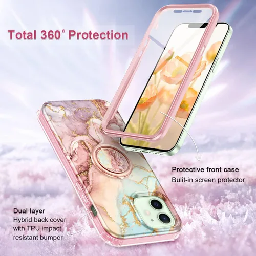 Vista 2 de Btscase Funda para iPhone 12/iPhone 12 Pro de 6.1 pulgadas, protector de pantalla integrado con soporte de anillo de 360°, cuerpo completo de doble
