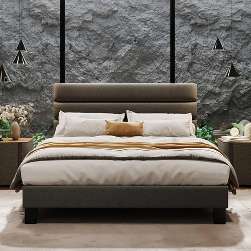 Vista 7 de Garvee Base de cama de plataforma Queen con cabecera ajustable, tapizado de tela y soporte de listones de madera, base de colchón resistente,