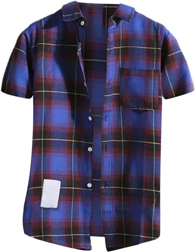 Vista 4 de Camisas de manga corta con botones para hombre, de algodón, a cuadros, ajuste regular, camisas casuales con botones y bolsillo