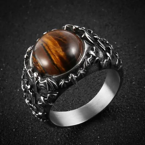 Vista 2 de HZMAN Anillo de boda retro de acero inoxidable gótico con piedra de ojo de tigre, turquesa, talla 7-14