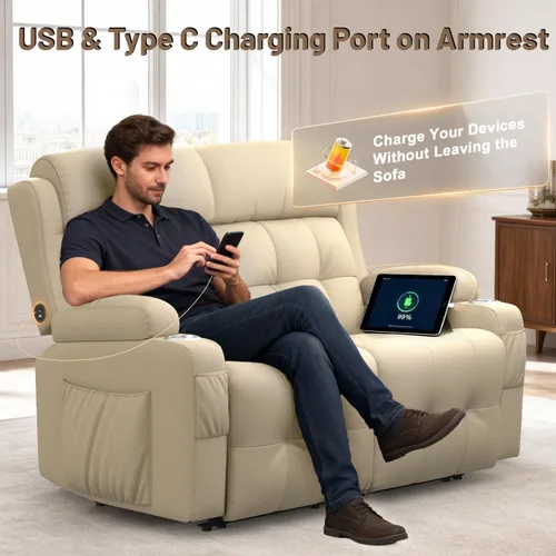 Vista 97 de Sofá de Dos Plazas Reclinable, Sofá Reclinable de Masaje con Gran Capacidad de Peso, Silla de Dos Plazas para RV en Liquidación con Consola, USB