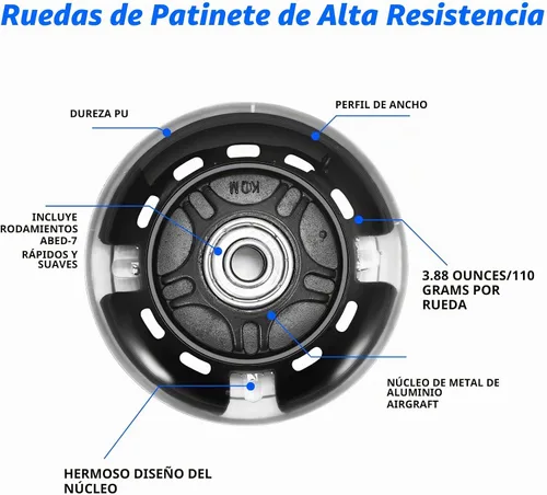 Vista 6 de Ruedas de repuesto para scooter, rueda de flash LED de 3.150 in, mini ruedas de patinaje para microscooter, luces traseras ABEC-7 de 3.150 in