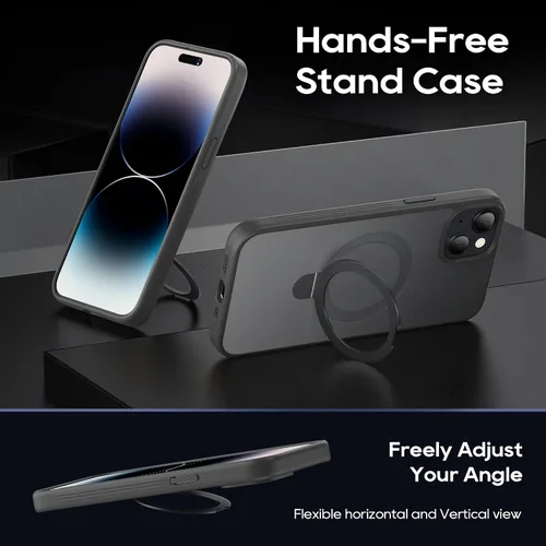 Vista 4 de Funda magnética para iPhone 15 con soporte, soporte de anillo invisible con protector de pantalla compatible con MagSafe Slim esmerilado mate, funda
