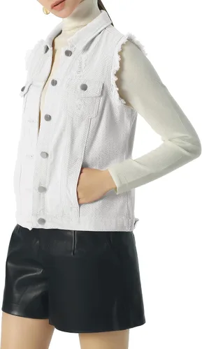 Vista 4 de ebossy Chaqueta de mezclilla desgastada sin mangas de color caramelo para mujer