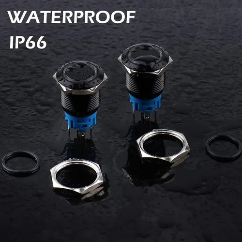 Vista 5 de 2 piezas de interruptor de botón de bloqueo antivandálico de metal impermeable de 0.748 in, carcasa negra autobloqueante con enchufe precableado