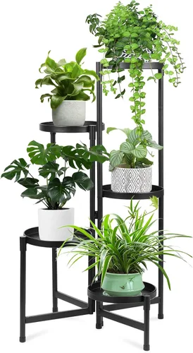 Vista 15 de Soporte negro de 2 niveles para plantas en interiores, 30 pulgadas de alto, estante de esquina de metal resistente para plantas estrechas para piso