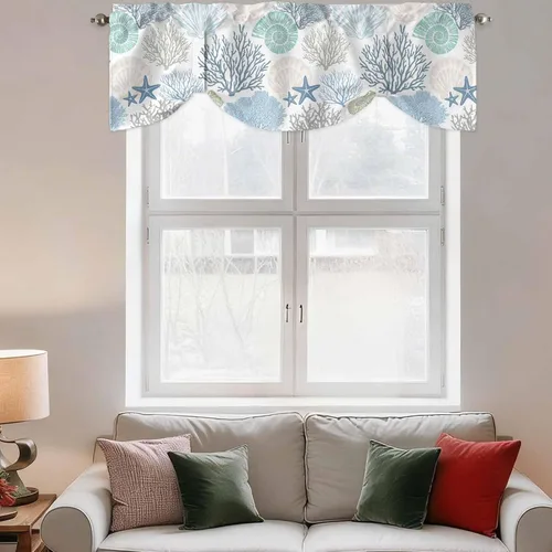 Vista 9 de Cenefa de amarre para ventanas, cortinas náuticas costeras de coral, cenefas con bolsillo para barra, cortinas de ventana con temática de playa