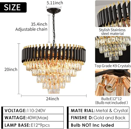 Vista 5 de Candelabro de cristal moderno dorado de 5 niveles para sala de estar, lámpara de araña grande de cristal negro, lámpara colgante de techo