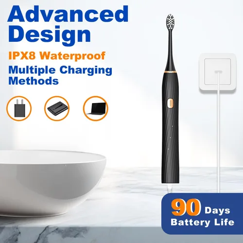 Vista 4 de FXQQZZ Cepillo de dientes eléctrico para adultos y niños, con raspador de lengua y estuche de viaje, 8 cabezales de cepillo, temporizador