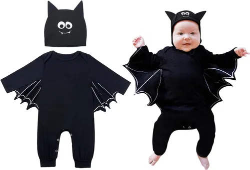 Vista 13 de AGQT Disfraz de murciélago de Halloween para bebé, niño y niña, 2 piezas, talla de 0 a 24 meses