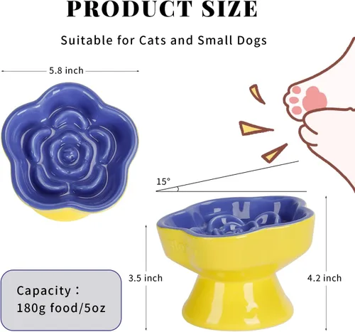 Vista 2 de S&Q's CERAMICS Cuenco elevado de alimentación lenta para gatos, cuenco de cerámica elevado e inclinado para comida para mascotas, comedero lento Azul